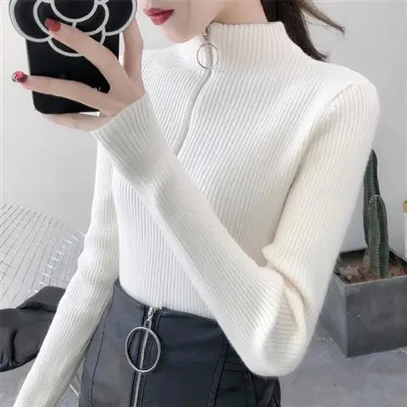 Knitted Women Zipper Half High Neck Sweater Pullovers Autumn Winter Basic Women Sweaters Slim Knitwear Pull Femme Tops