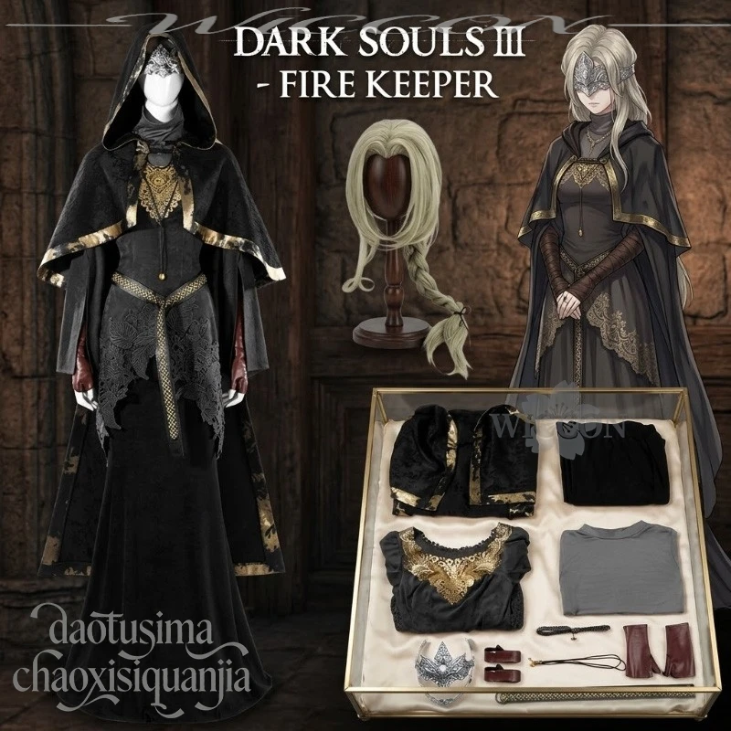 

Dark Anime Game Souls 3 Cosplay Fire Keeperr Costume Retro Long Black Magic Robe Dress Gloves Wigs Goth Lolita Halloween Party
