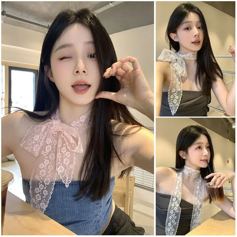 

Fashion Long Skinny Ribbon Lace Scarf Floral Embroidery Solid Color Decorative Belt Thin Tie Up Head Scarf