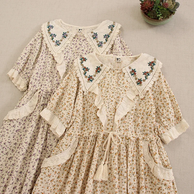 Summer Sweet Floral Dress Women Drawstring Waist Casual Pockets Embroidered Dress HT50151