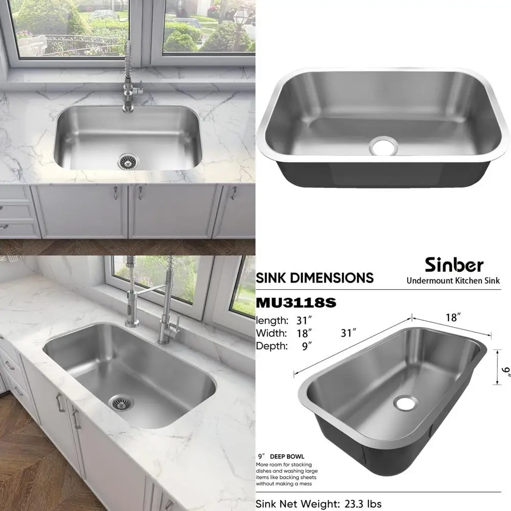 

Undermount Single Bowl Kitchen Sink 31 x 18 x 9 - 18 Gauge 304 Stainless Steel Satin Finish, Ideal for Modern Kitchens
