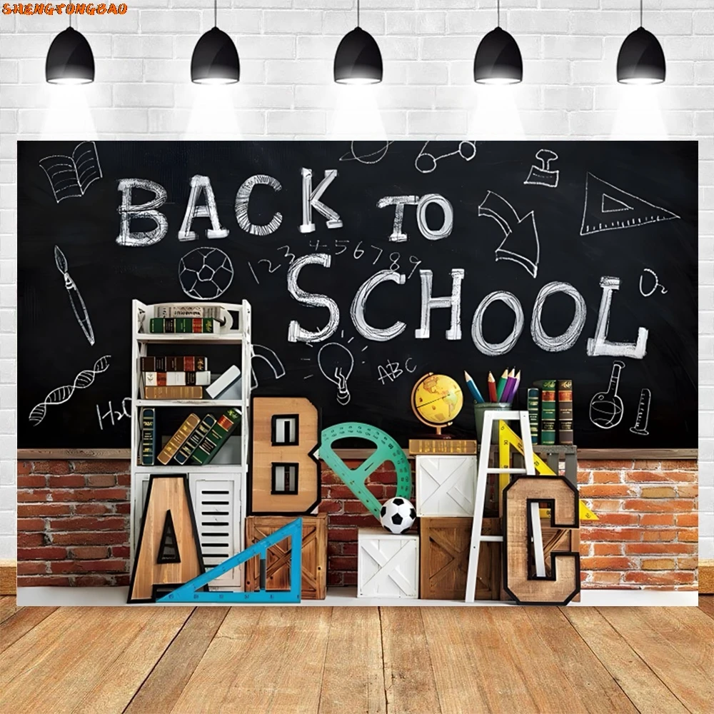 Toile de fond de photographie de retour à l'école, chaise de bureau d'étudiant, tableau noir d'étude, décoration de salle d'irritation, arrière-plan, accessoires de photobooth