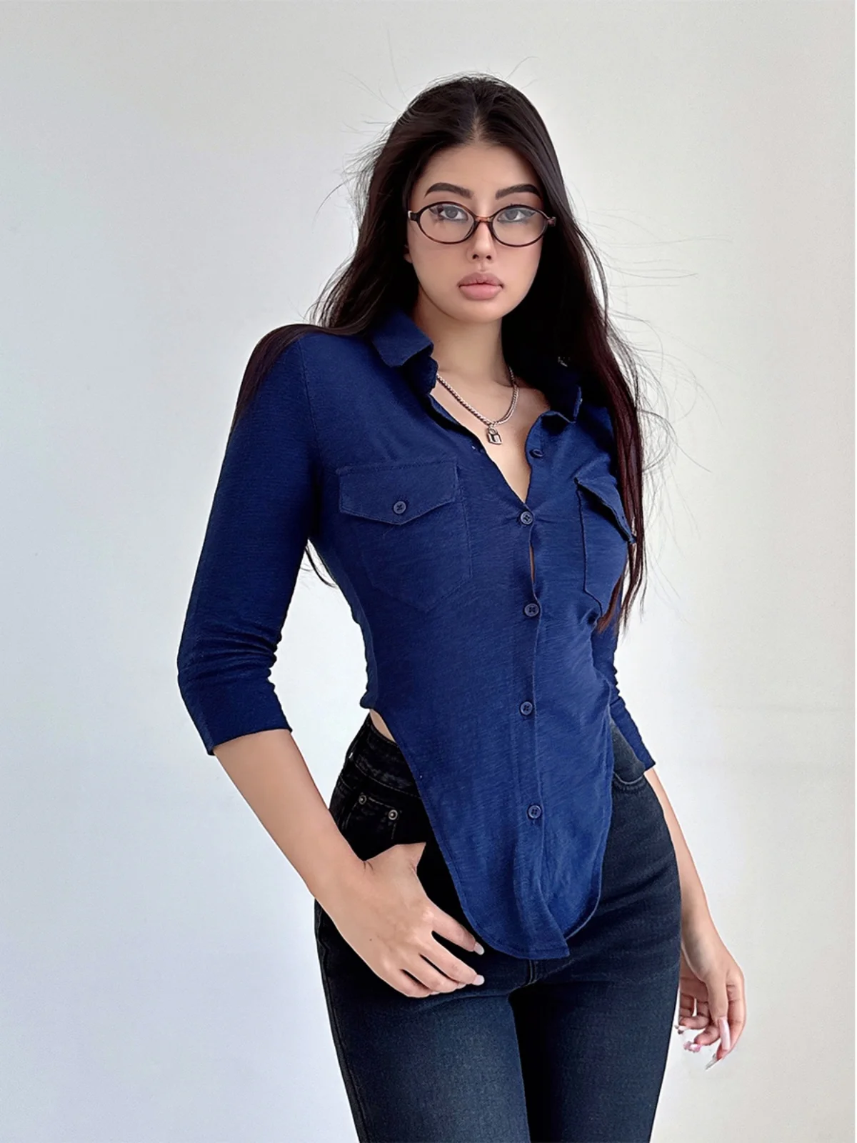 Autumn/winter Spicy Girl POLO Collar Single Breasted Long Sleeve Shirt Women\'s Cinching Waist Casual Versatile Short Top CYH3