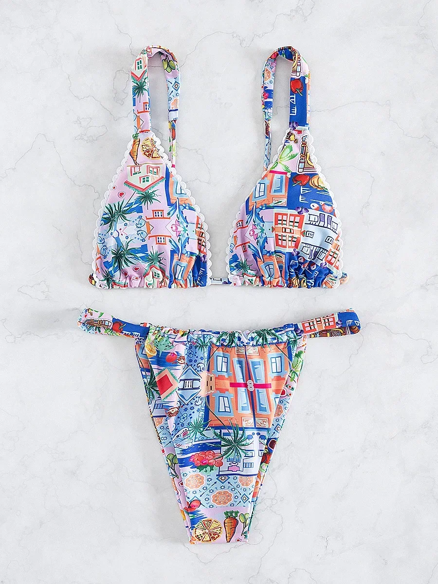 여성용 새 마이크로 비키니, 트라이앵글 수영복, 브라질리언 투피스 폴드 비키니 세트, 프린트 푸쉬업 수영복