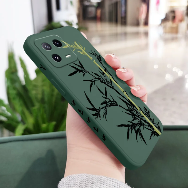 Grüne Bambus-Handyhülle für Xiaomi Mi 15 14 14T 13 13T 12 12X 12T 12S 11 11T 10 10T 9 9T Pro Lite Flüssigsilikonhülle