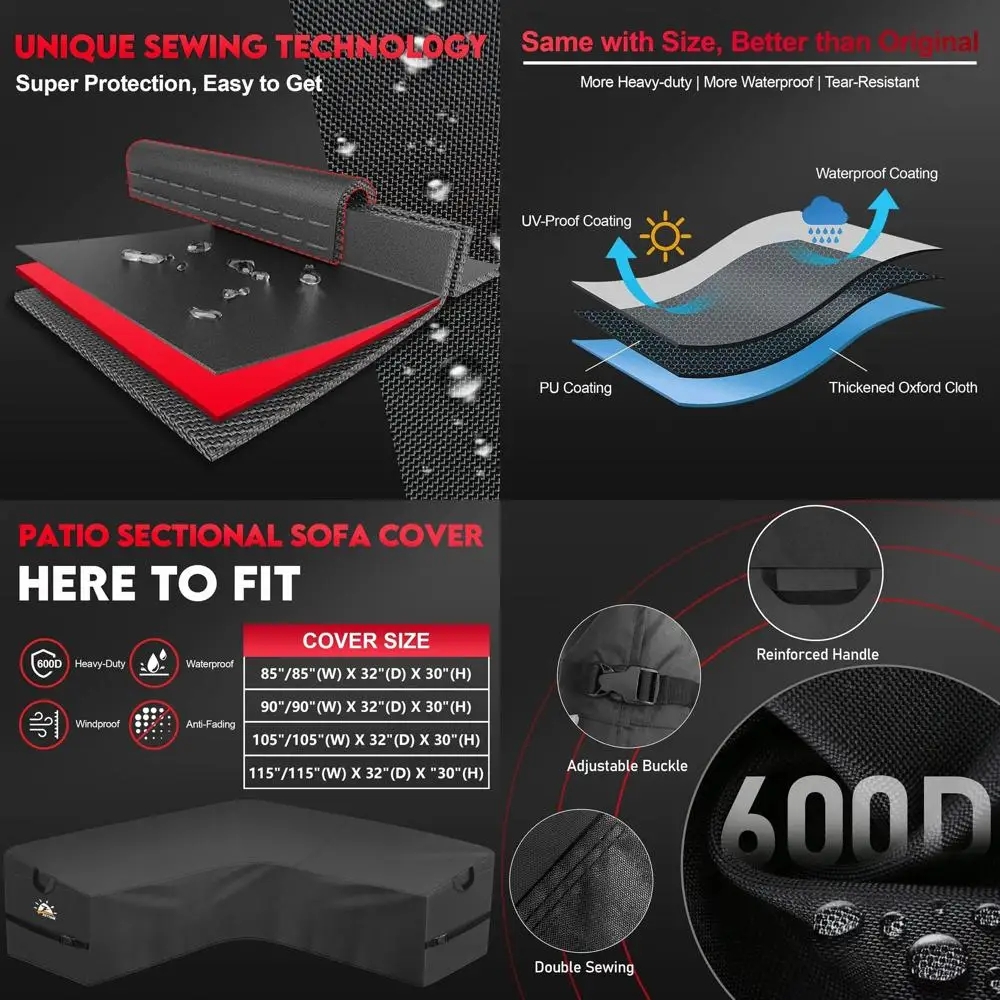 V-Shaped 600D Outdoor Sectional Sofa Cover, Waterproof & Heavy-Duty, 115x115 Inches