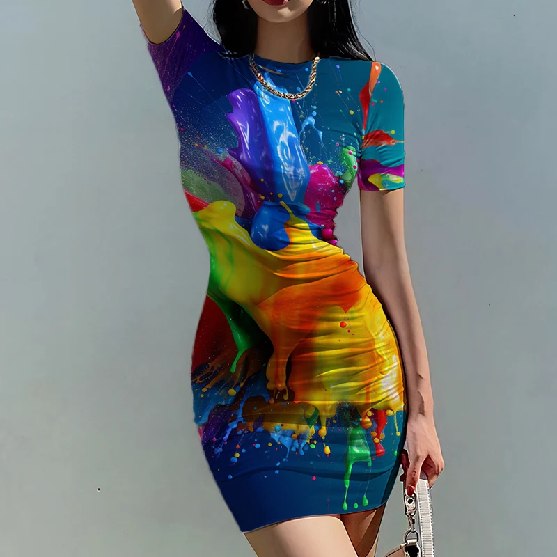 Summer new lady slim dress color collision 3D printed lady dress beautiful lady slim dress trend fashion ladies slim dress