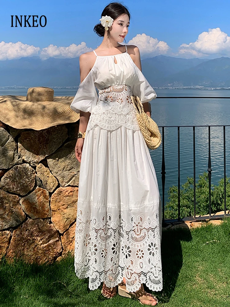 

Пляжный кружевной комплект из 2 предметов, женские летние модные лоскутные топы 2026 года, рубашка с открытыми плечами и юбка-миди, белый INKEO 5D264