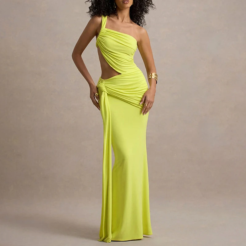 Sexy Hollow Out Pleat Beach Cover-up Dress Fashion One-shoulder Solid Color Evening Dress Elegant Sleeveless Bodycon Long Dress