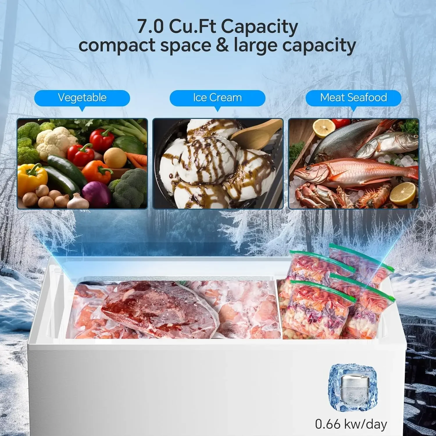 7.0 Cubic Feet Chest Freezer with 2 Removable Baskets Free Standing Top Open Door Compact Freezer with Adjustable Temperature