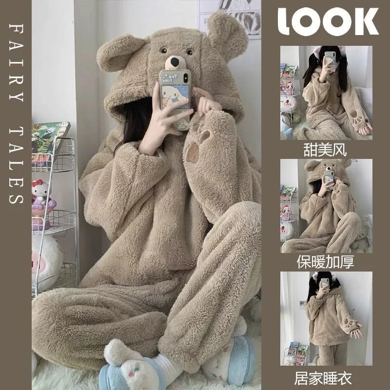 

Сказочные мультяшный медведь, пушистый коралловый бархат плюс бархатные утолщенные пижамы с капюшоном, зимняя теплая одежда для дома, женская домашняя одежда, подарок