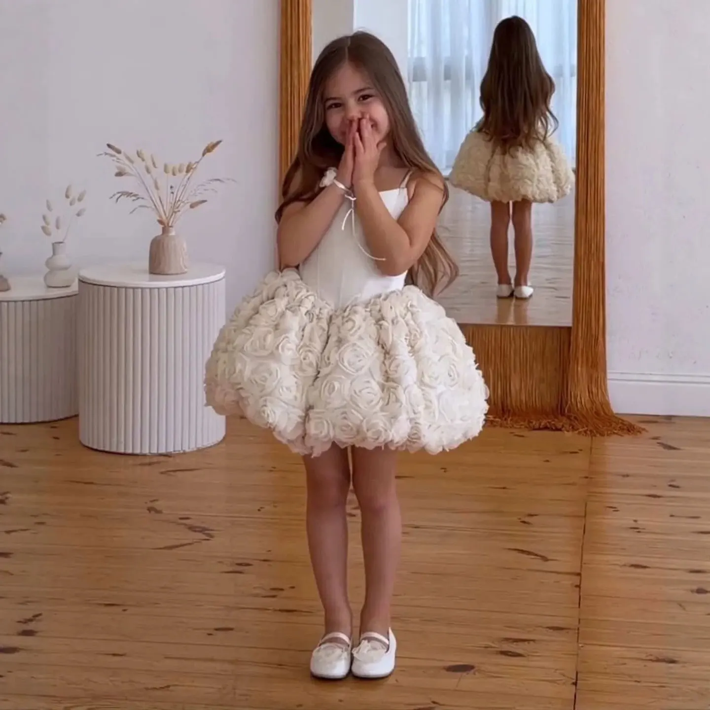 Jill Wish J918 Spaghetti Strap Kids Flower Girl Dress 3D Rose Bubble Tutu Skirt White Pink Wedding Birthday Pageant Formal Gown