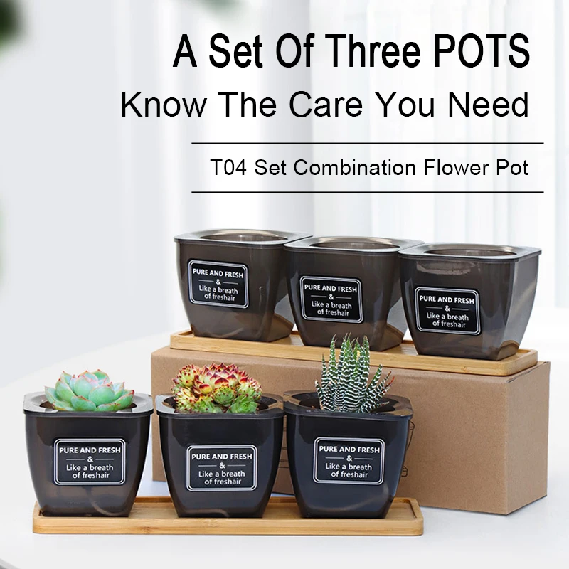 

Self Watering Succulent Horticultural Flowerpot 3pcs Flower Pot+Bamboo Tray Set Double-deck Self-absorbent Cotton Lazy Flowerpot