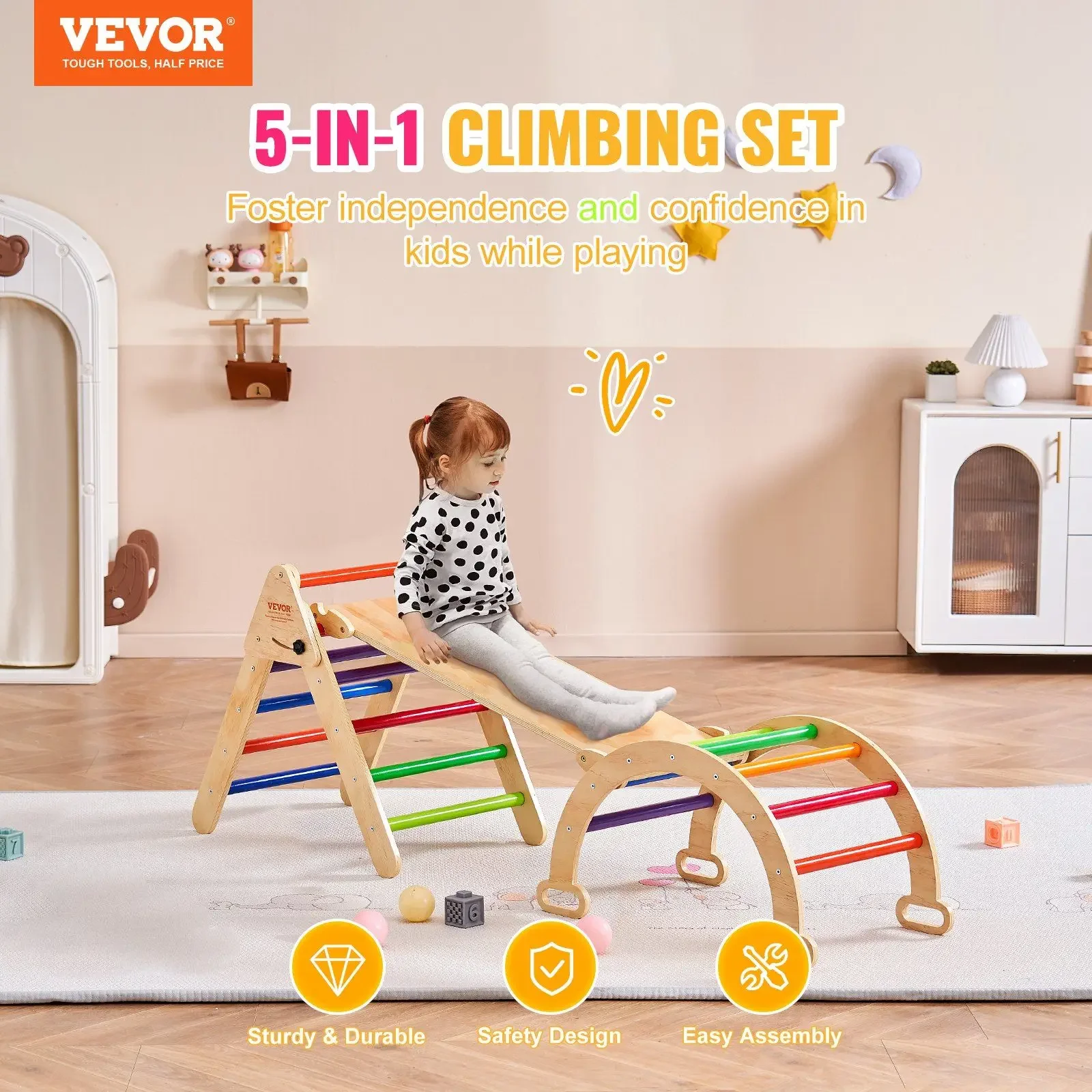 Triangle Set, 5 in 1 Toddler Climbing Toys Indoor Playground with Ramp and Arch, Montessori Climbing Set