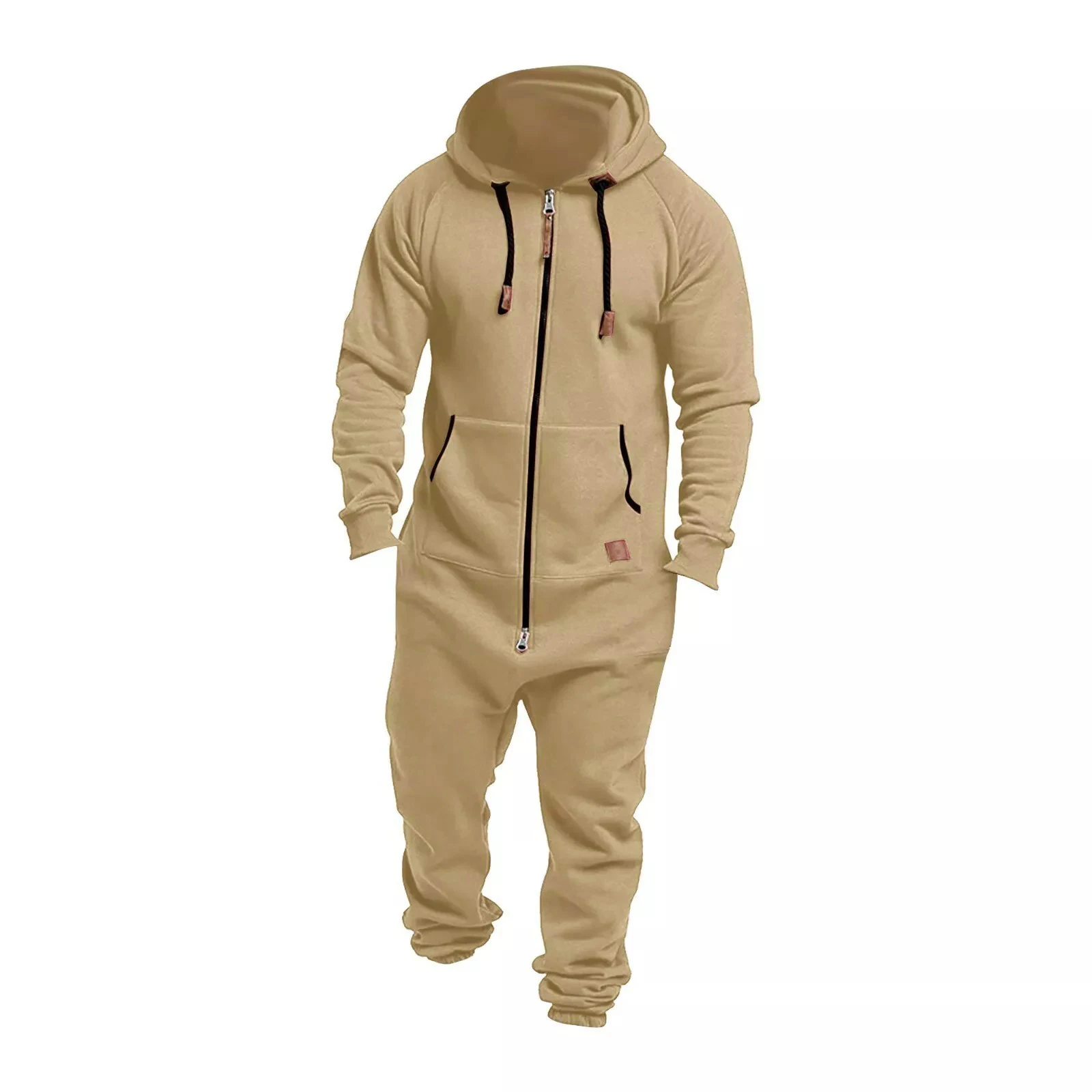 Men\'s Winter Hooded Jumpsuits with Pockets Warm Long Sleeve Full Zipper Up Overalls Sweatsuits with Drawstring