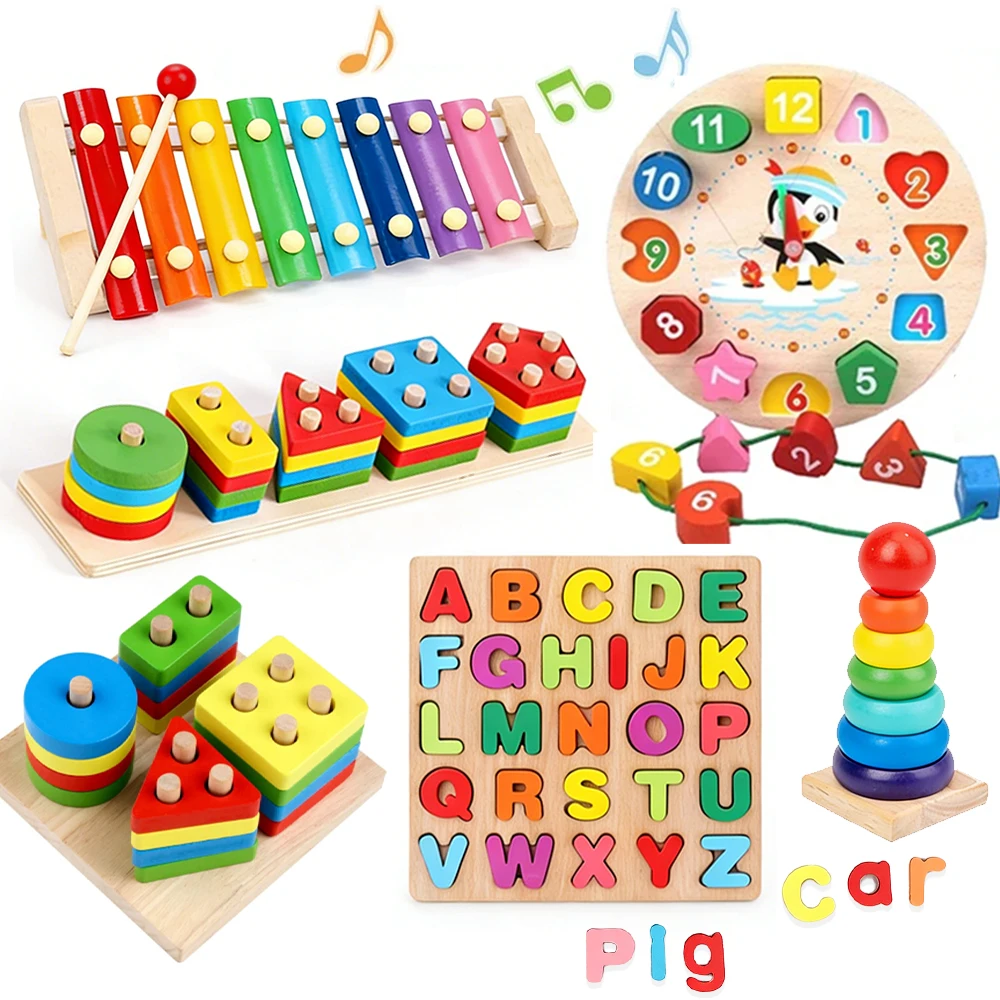 

Montessori Toy Wooden Building Blocks Early Learning Educational Toys Color Shape Match Kids Puzzle Toys For Children Boys Girls