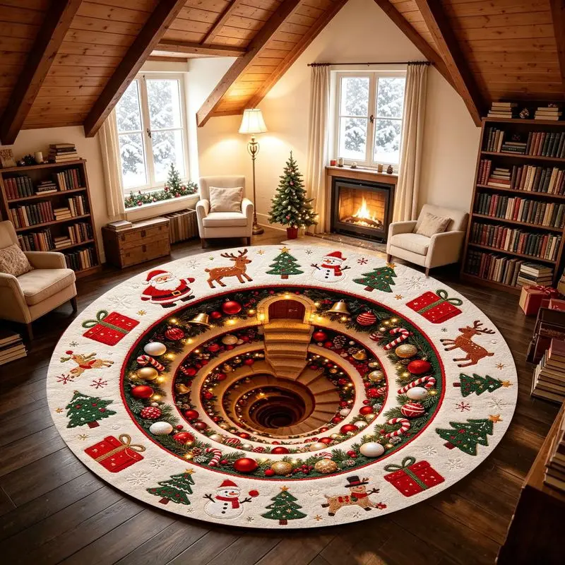 VIKAMA Santa Claus Swirl Round Rug, Optical Illusion Non-Slip Living Room Rug, Christmas Decorative Floor Mat, Home Decor