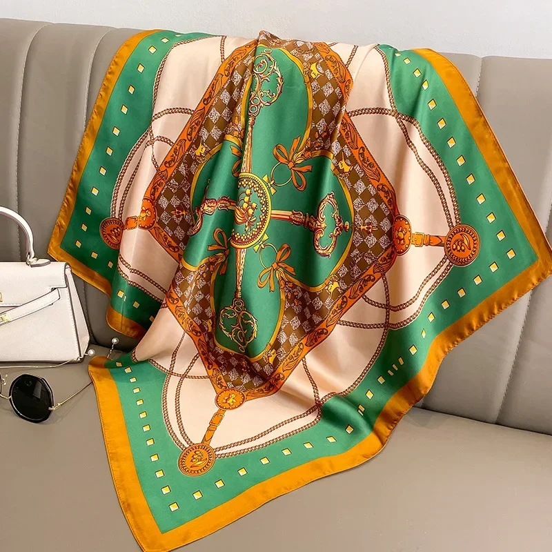 Luxury Brand Silk Square Plaid Scarf Women Satin Neck Hair Tie Band Soft Work Neckerchife 2021 NEW Hijab Head Female Foulard
