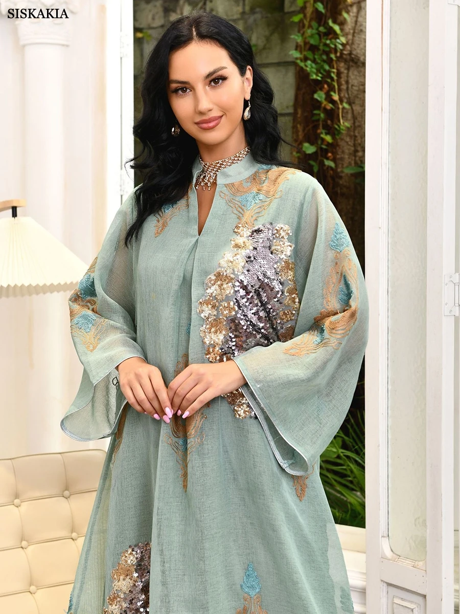 Muslim Abaya Dress Dubai Ramadan Sequins Floral Embroidered Casual Loose Robe Moroccan Caftan Dresses For Women