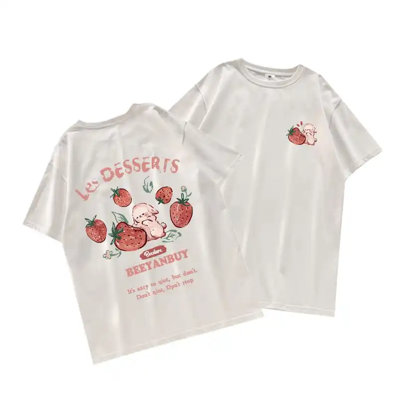 100% Cotton Women\'S T-Shirts Cute Strawberry and Rabbit Prints Short Sleeve O-Neck Loose Breathable Tops Summer Female Clothes