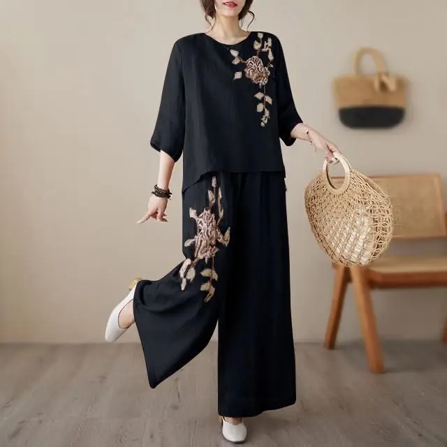 

Cotton and Linen Retro Embroidery Suit Women's Summer Pullover Fashion Shirt Light Wide-leg Pants Slim Two-piece Suit