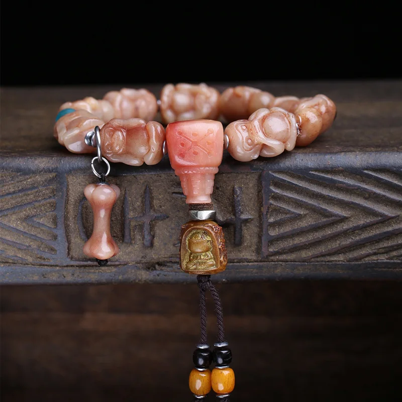 Natural Full-Blooded Carving Of Three Monkeys Of Wukong, Single-Strand Bracelet With Glazed Yak Bone And Cloud-Sh