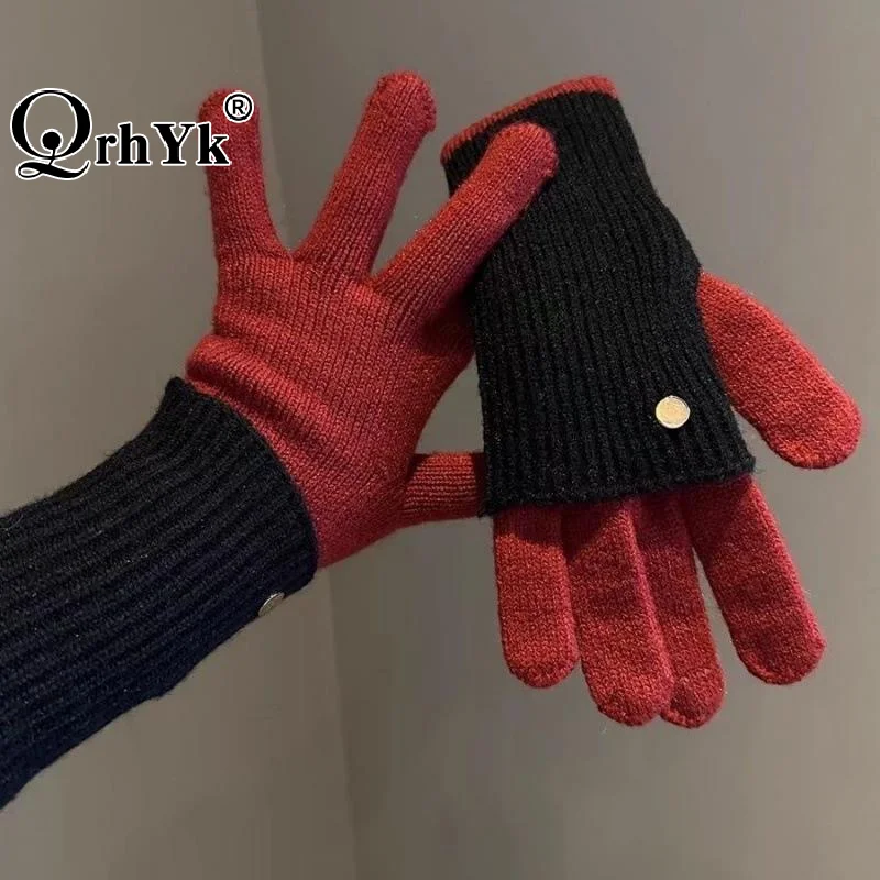 Korean Knitted Touchscreen Gloves Women's Splicing Color Versatile Fashion Two Finger Thick Warm Outdoor Skiing Plush Gloves