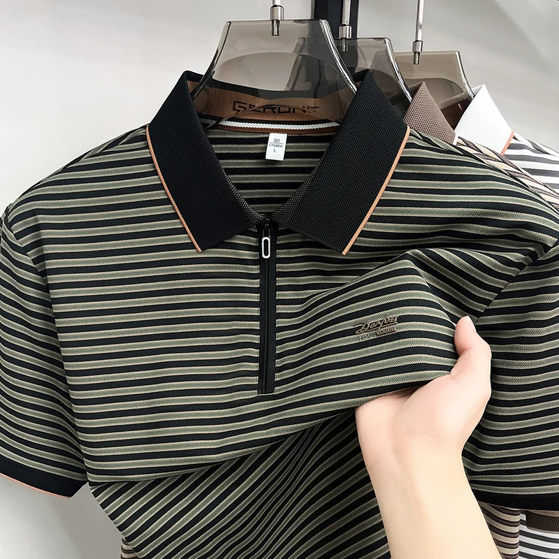 High end half zipper short sleeve men's polo shirt fashion brand letter embossed summer new breathable luxury striped T-shirt