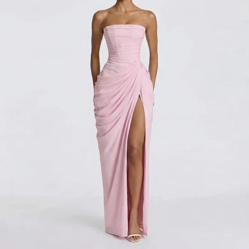 Robe longue élégante plissée fendue sans bretelles taille haute ajustée pour femme – Idéale pour les soirées estivales