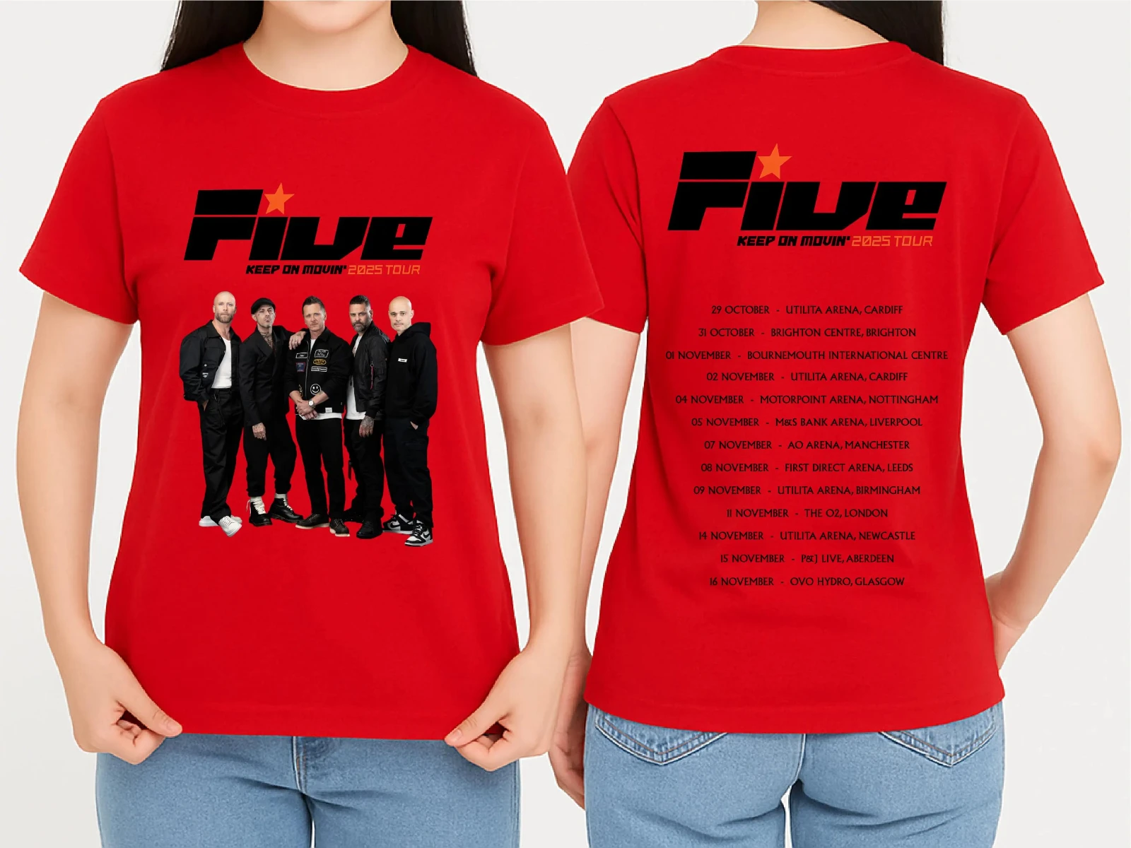 خمسة صبي إبقاء على جولة Movin 2025 الجبهة الخلفية مطبوعة خمسة صبي الفرقة الحفلة قميص الحفل عاشق المحملة الأعلى مهرجان الموسيقى تي شيرت