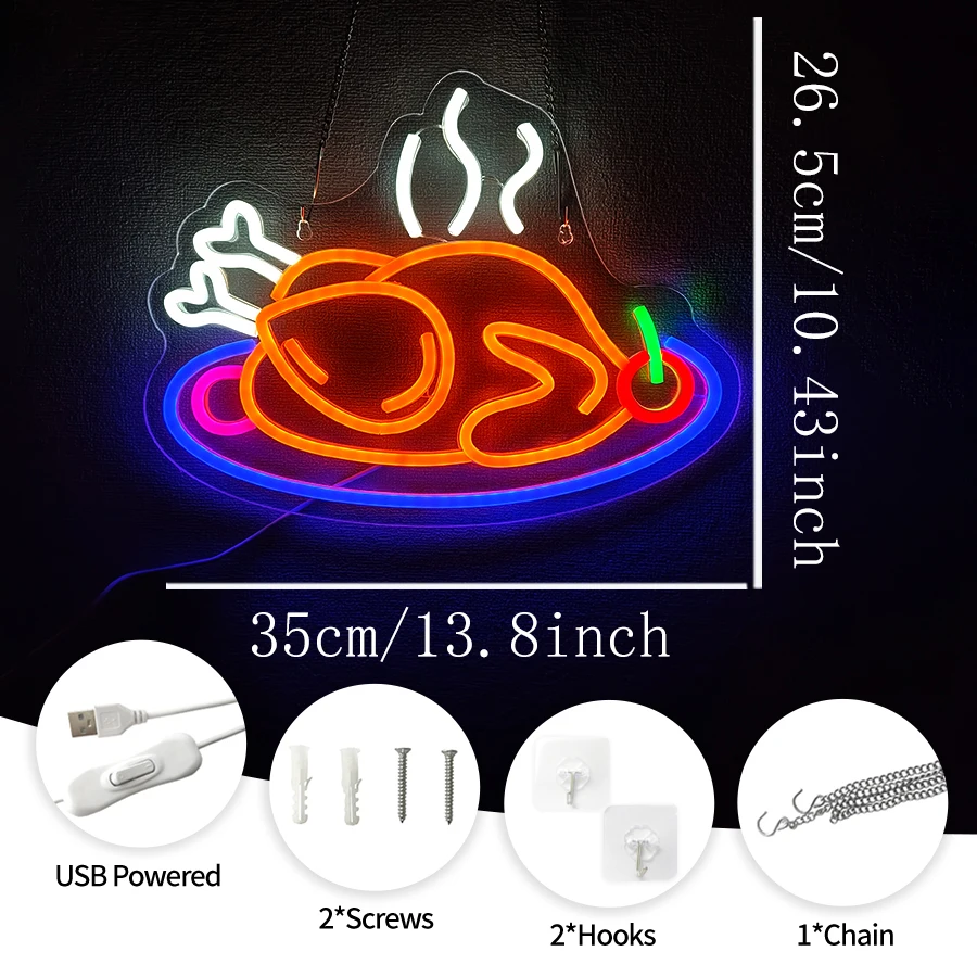Grilled Chicken Neon Sign For Wall Décor,Roast Turkey LED Neon Lights For Kitchen Fast Food Restaurant Food Signs,USB Powered.