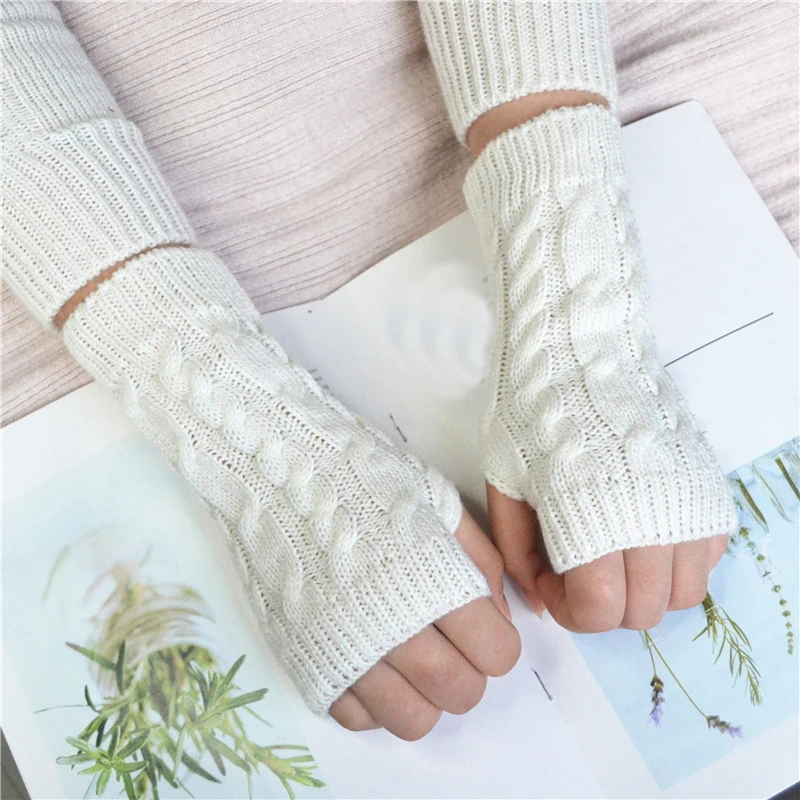 Twist Pattern Women Short Arm Sleeve Mittens Women Faux Wool Mitten Warm Fingerless Glove Arm Crochet Knitting Winter Gloves