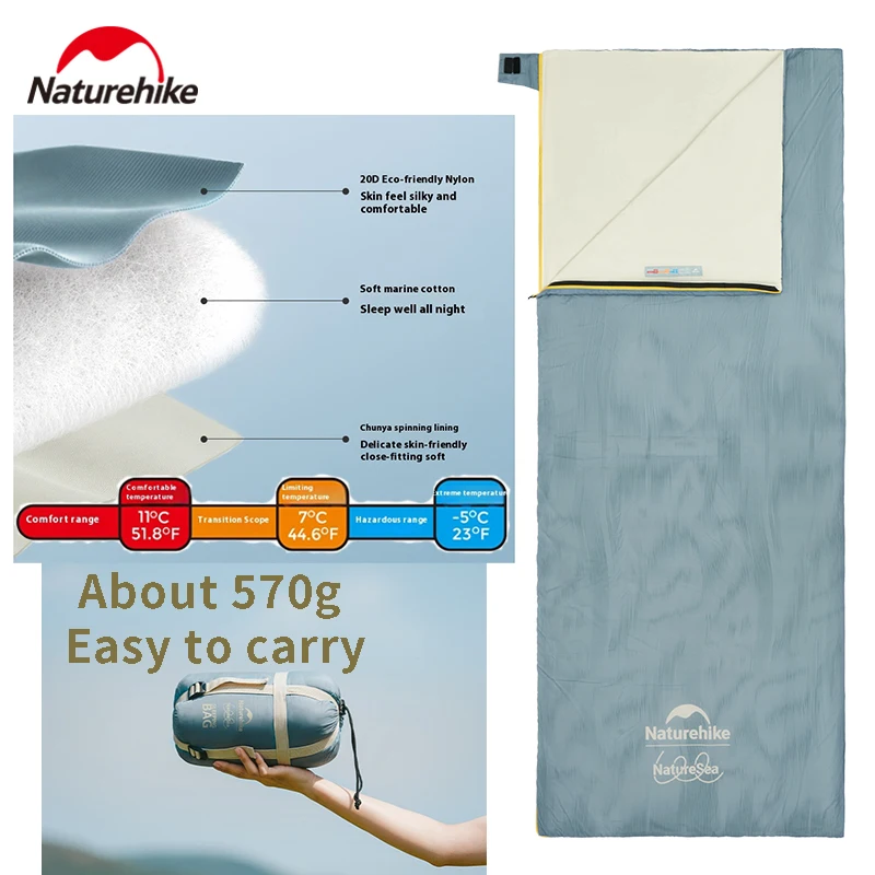 

Naturehike Naturesea Series Lanying Sleeping Bag 20D Environmentally Friendly Nylon Soft Ocean Cotton Chunya Spinning Lining Com