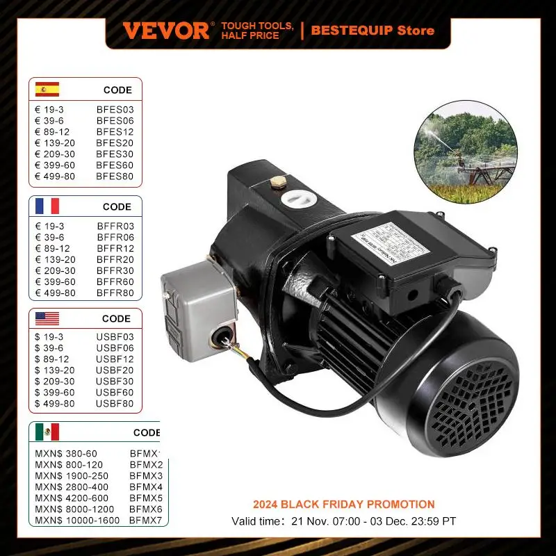 VEVOR 1HP 750W Water Pump With Pressure Switch 17.6GPM 110V Shallow Well Pump Supply Fresh Well Water Jet Pump For Irrigation