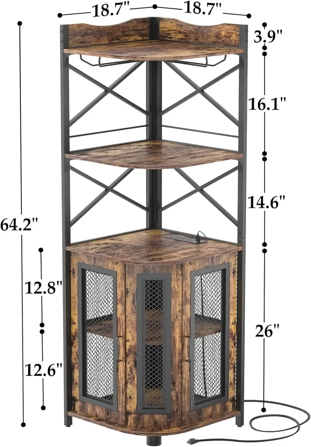 Armoire de bar d'angle avec prise de courant, cave à vin industrielle avec bande LED et porte-verre, meuble de bar français ou à 5 niveaux