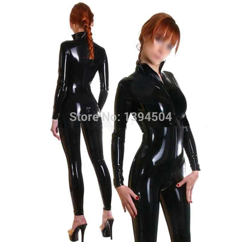 

sexy ecotic ceke Stand Collar Women female handmade black Latex Catsuit Front Zipper Through Crotch Tight-fitting Jumpsuit