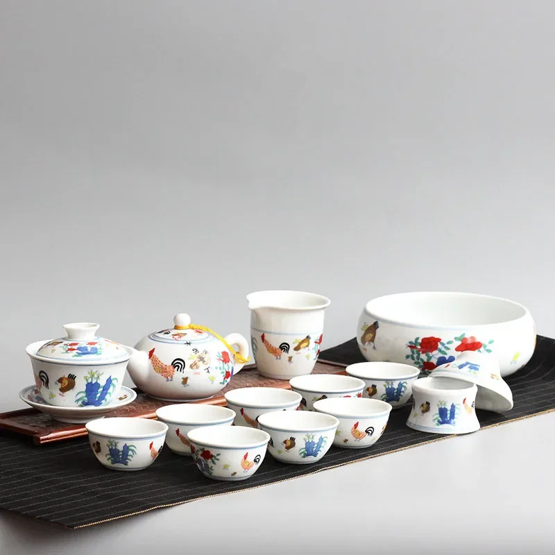 Chinese Kung Fu Tea Set, Ceramic Teaware, Practical Household Tea Services, Pot and Cup, Chinese Archaistic Rooster Porcelain