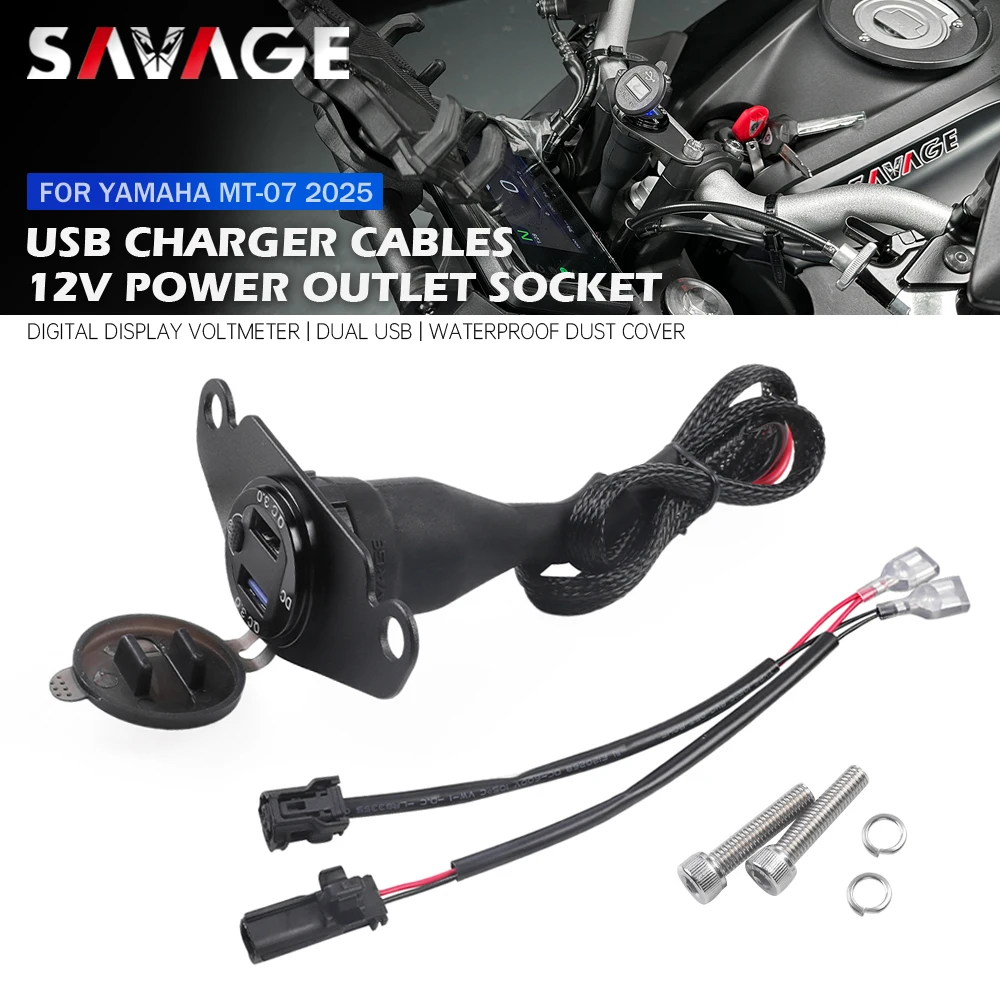 

For YAMAHA MT-07 2025 Motorcycle QC3.0 USB Charger 12V Power Outlet Connector Cable Plug Quick Charger Dual USB Socket MT07