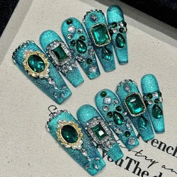 10pcs Handmade Flash Emerald Fake Nails Magic Mirror Green White Diamiond Press On Nails For Women Girls Long Coffin Fake Nail