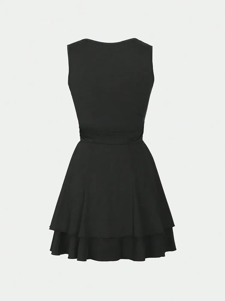 Pop novo plissado cabido sem mangas mini saia dupla camada camisola vestido elegante vestidos de festa sexy espartilho vestido roupas femininas