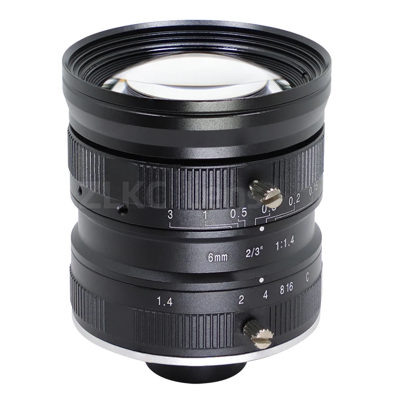 Camera Lens 6mm Wide-Angle F1.4 Large Aperture 2/3 Inch 5MP Low Distortion C Mount Lens for Machine Vision Industrial Camera