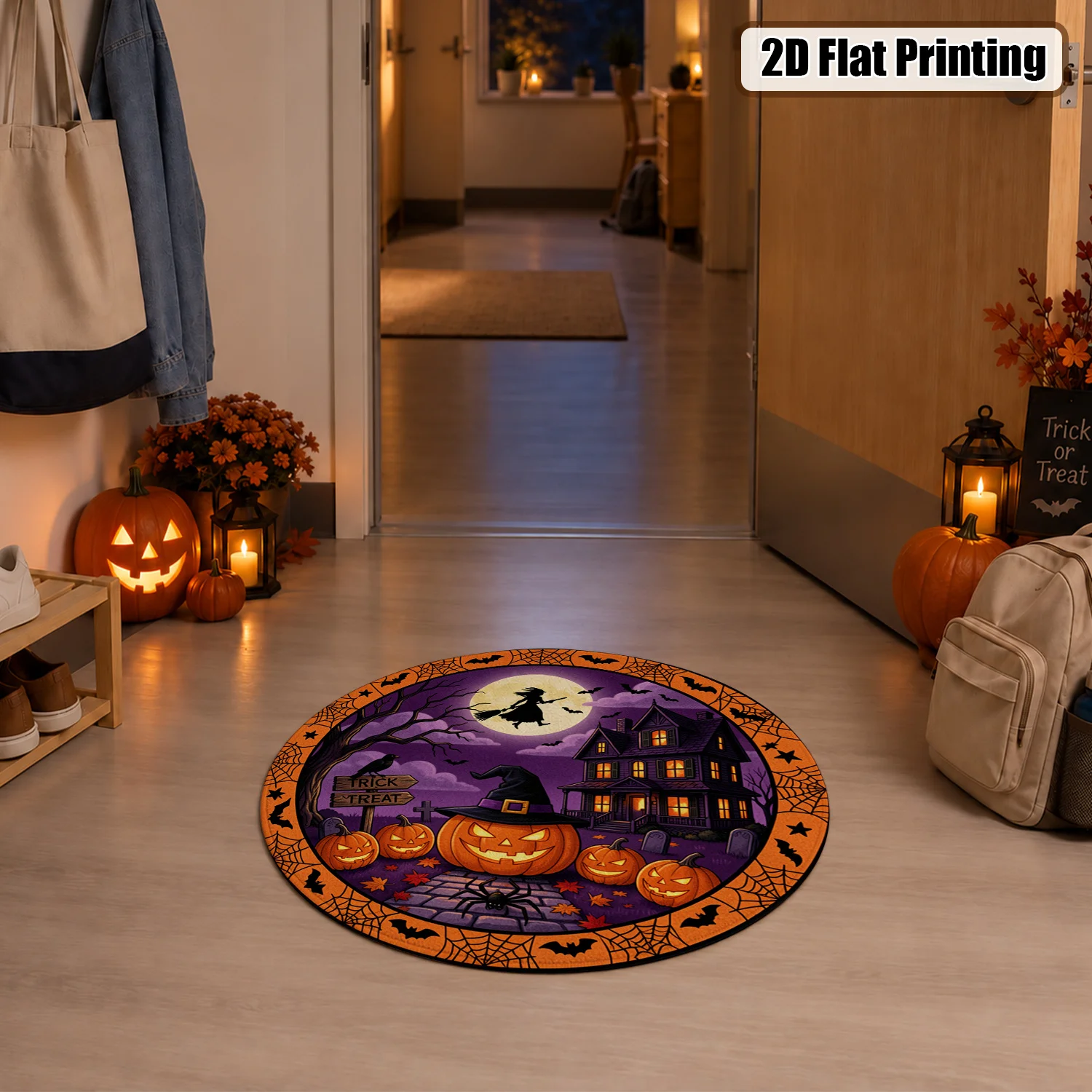 Haunted Witch Pumpkin Bat Spider Pattern Round Velvet Area Rug, Machine Washable Floor Rug for Living Room, Bedroom, Entryway, Ideal for Halloween, Thanksgiving, Christmas, New Year, Black Friday, Cyber Monday Decor