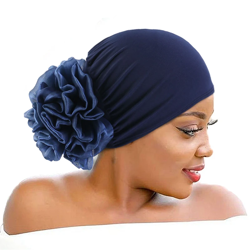 Women\'s Hijabs Big Flower Turban Hair Accessories Elastic Cloth Hair Bands Hat Beanie Ladies Muslim Solid Hair Loss Scarf Cap