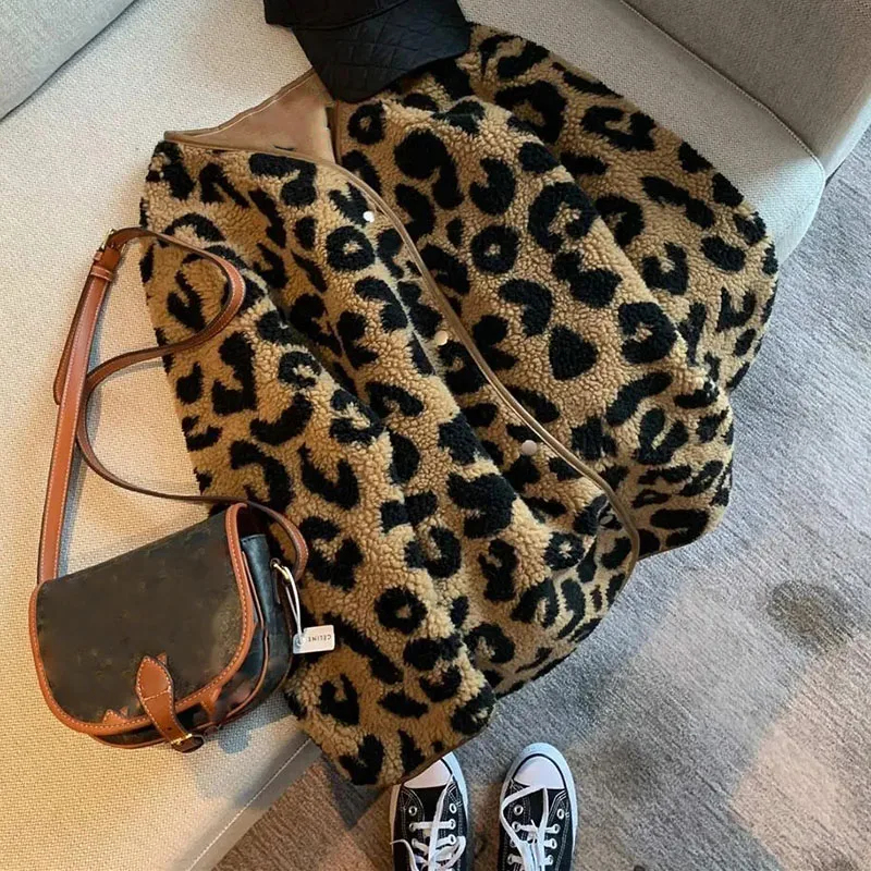 Leopard Print Faux Fur Coat Women New Autumn Winter Short Lamb Wool Jacket Female Streetwear Single Breasted Plush Outerwear