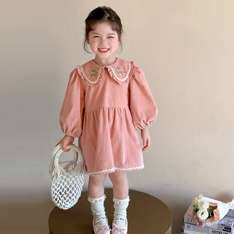 

Girls' Spring Dress New Navy Collar Princess Dress Puff Sleeve Sweet Forest Style Trendy Early Spring Dress