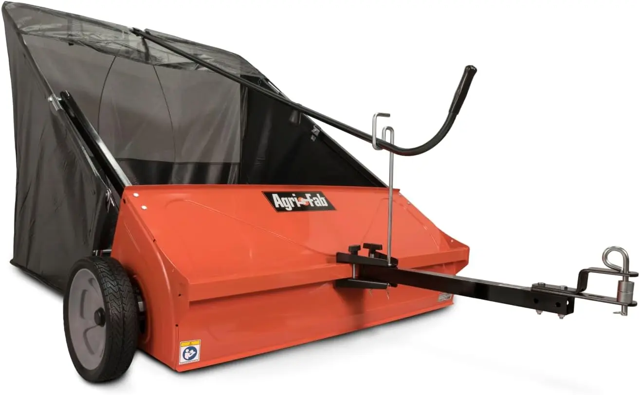 

44 Tow Behind Lawn Sweeper 28 Cu Ft Hopper Leaf Grass Catcher Adjustable Brush Height Dump Seat Handle