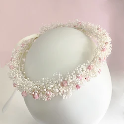 Handmade Preserved Pink Baby's Breath Gypsophila Bridal Boho Crown, Wedding Flower Girl Crown, Children's Birthday Decorations