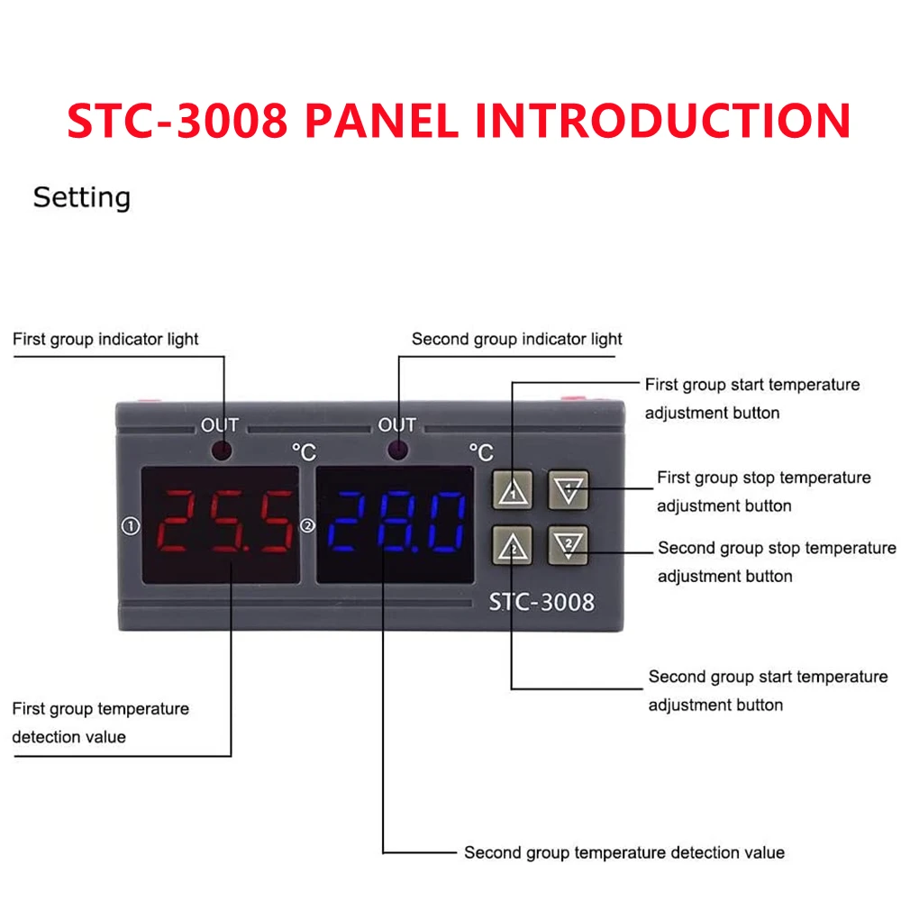 Imagem -03 - Controlador de Temperatura Digital Duplo Saída de Dois Relés Aquecedor Termostato com Sonda 12v 24v 220v Geladeira Doméstica Calor Frio Stc3008