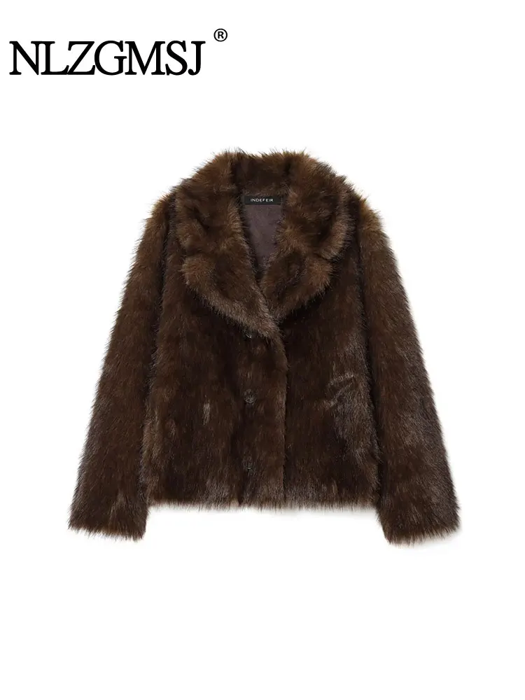 

NLZGMSJ Women Faux Fur Jacket Coat 2025 Winter New Fashion Solid Color Long Sleeve Laple Coat Female Chic Leisure Outerwear