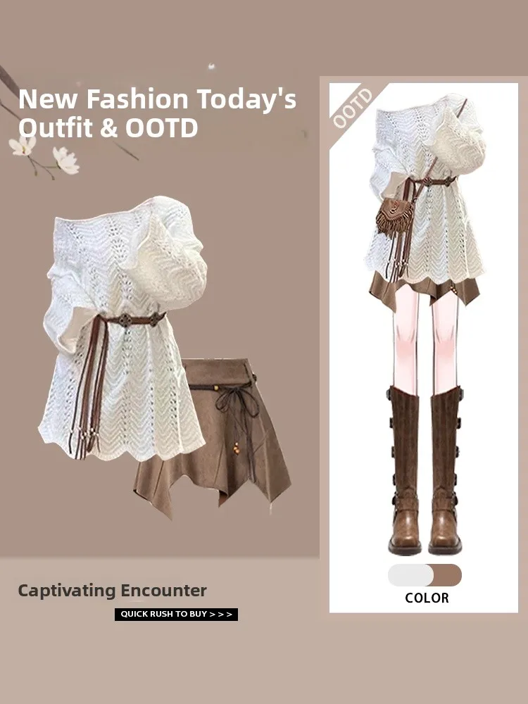 Laid-ba Loose Knitted Sweater ort Sle Two-piece Set Spicy Girl Spring 2025 New Arrival Polyester Fiber Long Sve roun...